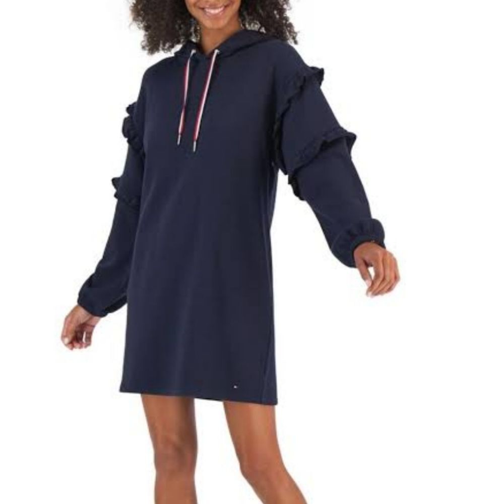 Tommy Hilfiger Blue Ruffle Sleeve Hooded Sweatshirt Dress Long Sleeve XL NWT